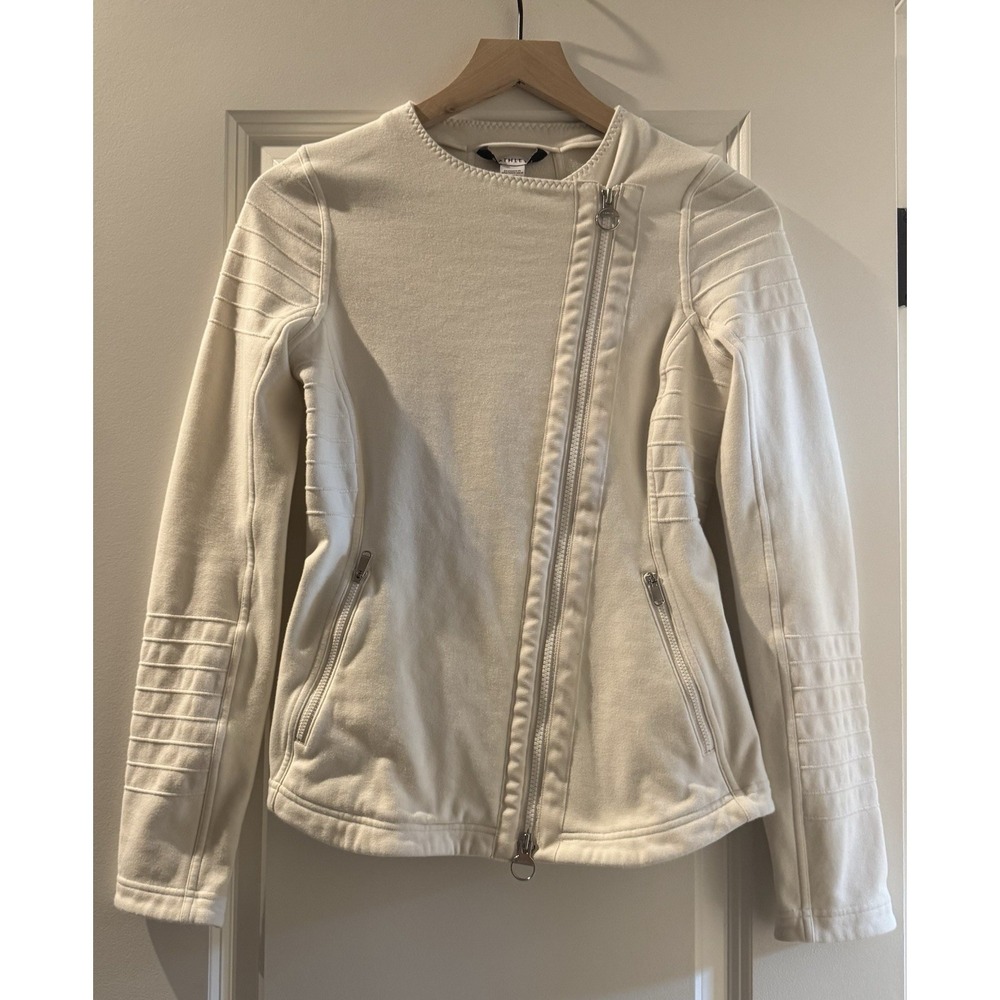 Athleta XS Ivory Moto Jacket Asymmetrical Zip Stretch Knit Fleece Lightweight